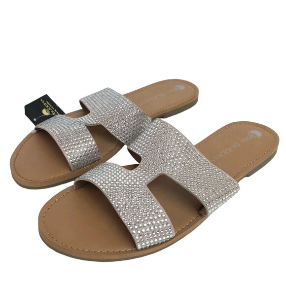 Big Buddha Womens 8 Silver Bling Rhinestone Flat Slip On Slide Sandals NEW NWT - Picture 1 of 6